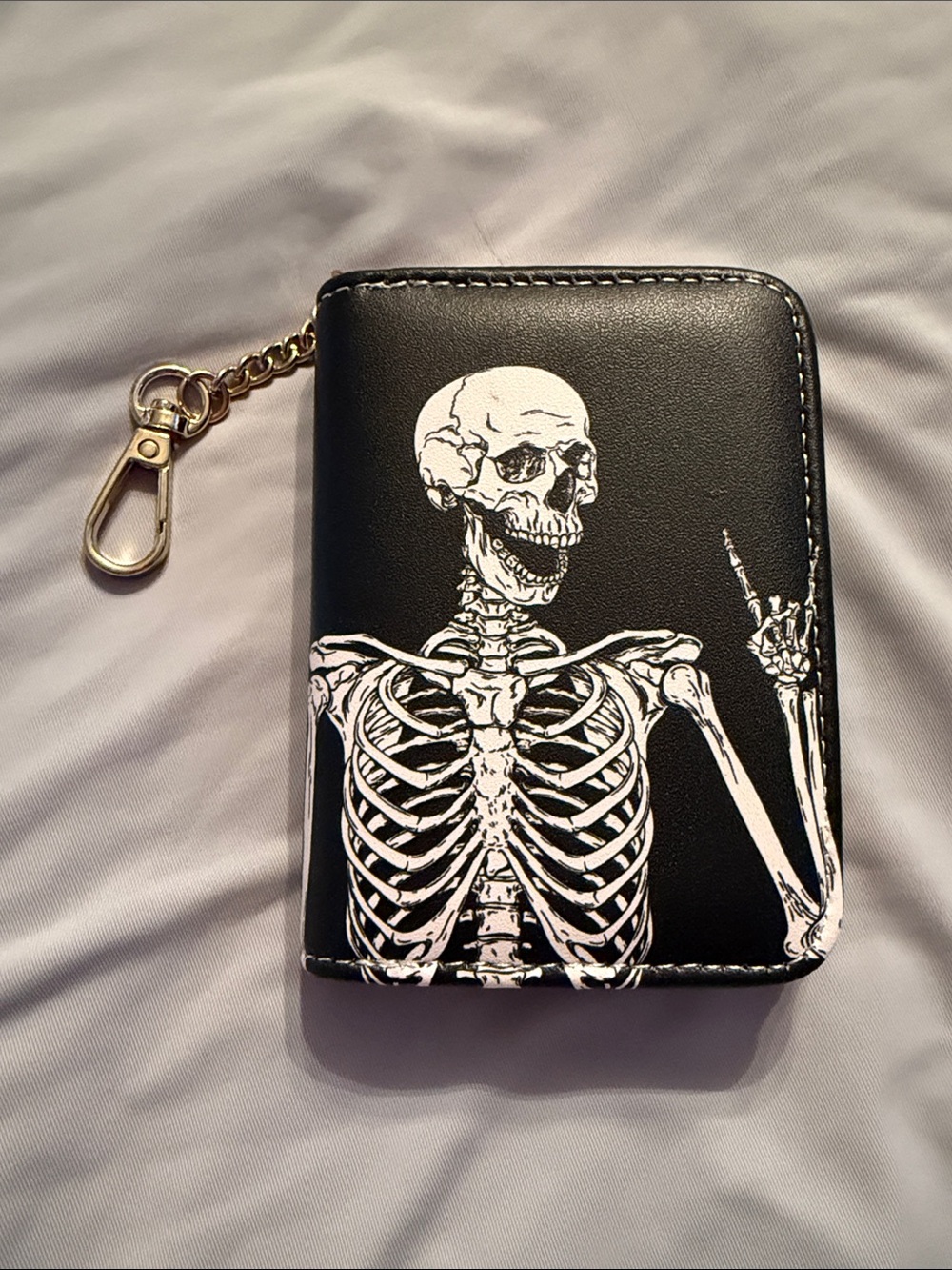 Black Skeleton Print Wallet Card Holder with Keychain